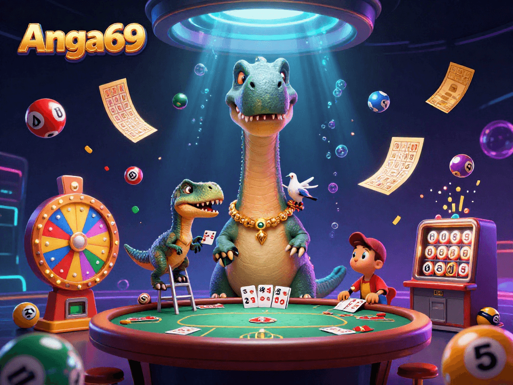 Engage with Angka69's thrilling games featuring a colorful 3D brontosaurus and vibrant casino elements.