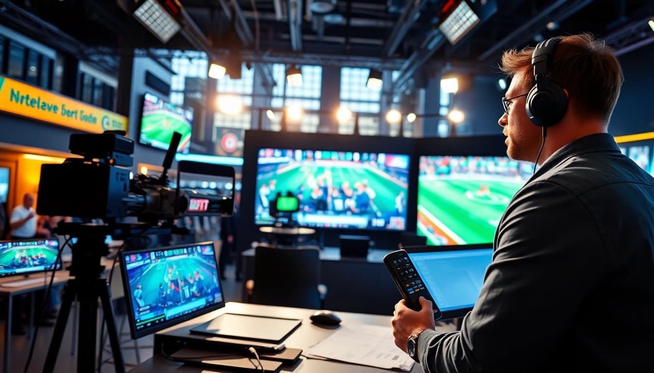 Engaging sports broadcasting scene with a professional broadcaster and advanced equipment.