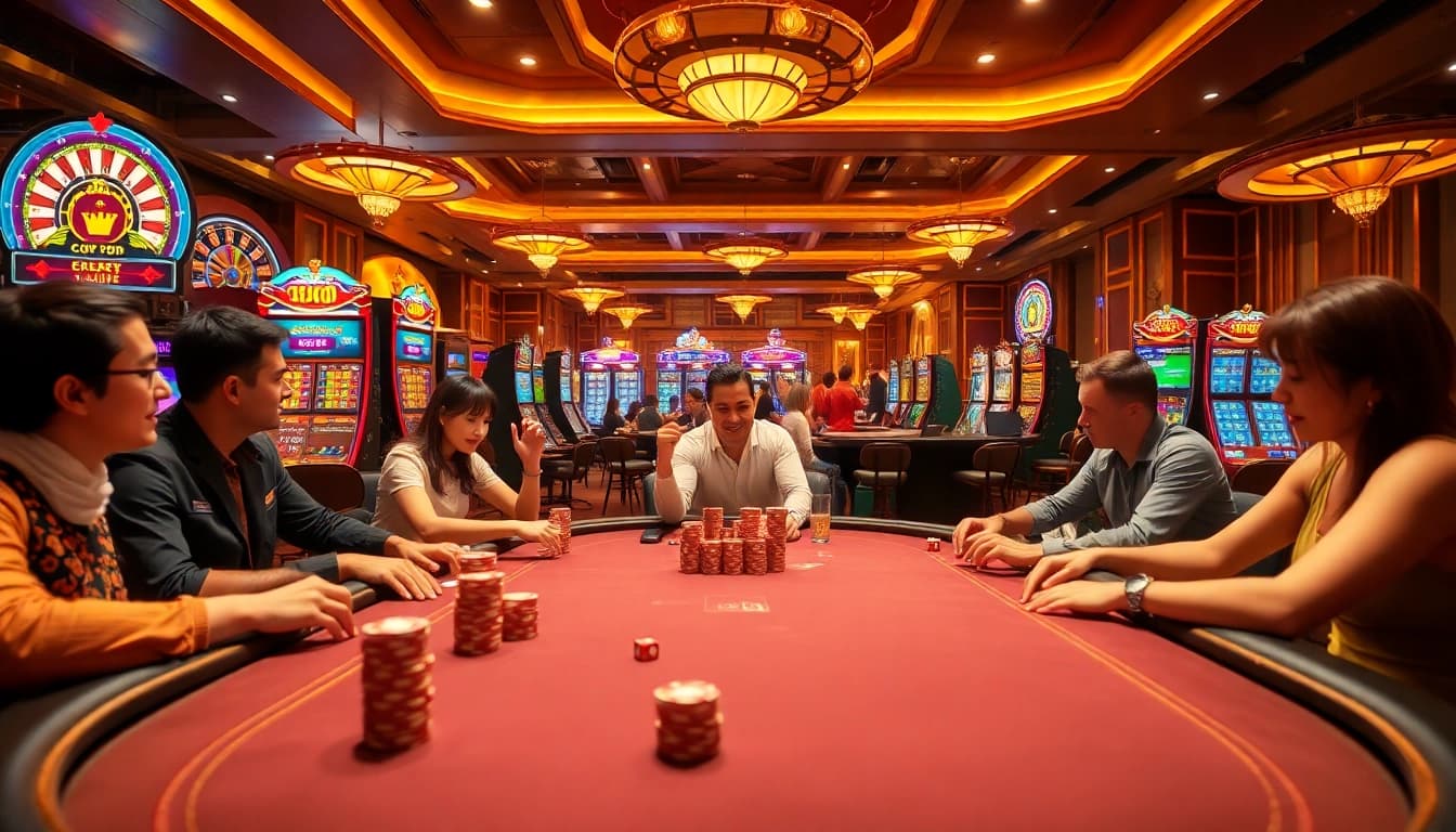 Players engaging in thrilling poker at LV88 casino with vibrant slot machines and excitement.