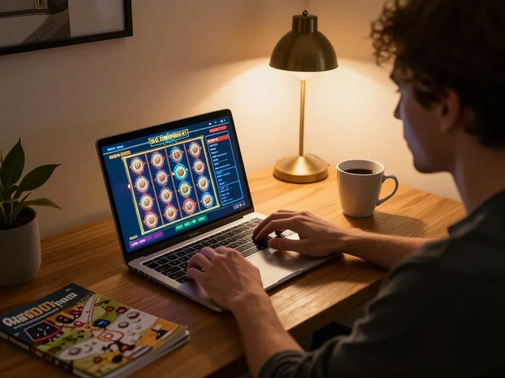 spinadvisor showcases an exciting online slot gaming setup in a cozy home, emphasizing responsible entertainment.