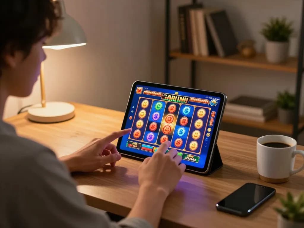 Engaging in online slot gacor hari ini, player immersed in colorful tablet graphics.