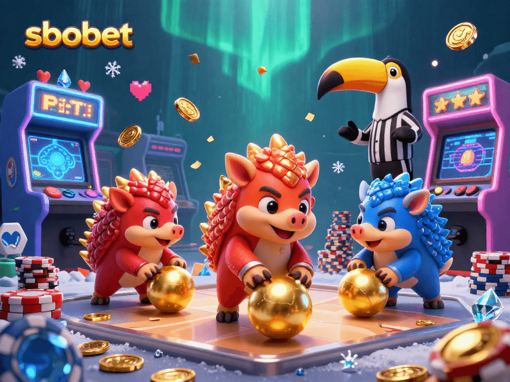 Experience sbobet gameplay with vibrant pangolins battling through poker chips in a colorful casino.