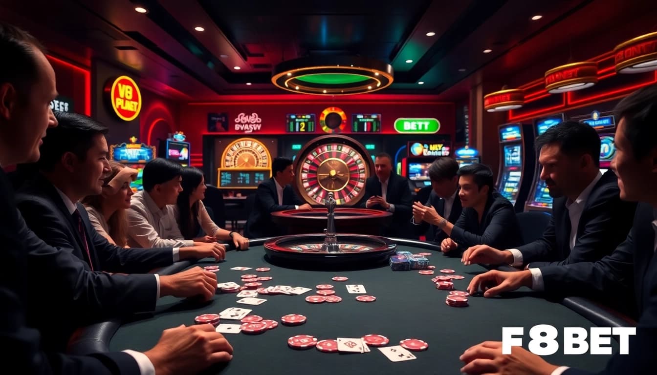 Experience high-stakes action at F8BET with vibrant casino visuals, showcasing poker and roulette excitement.