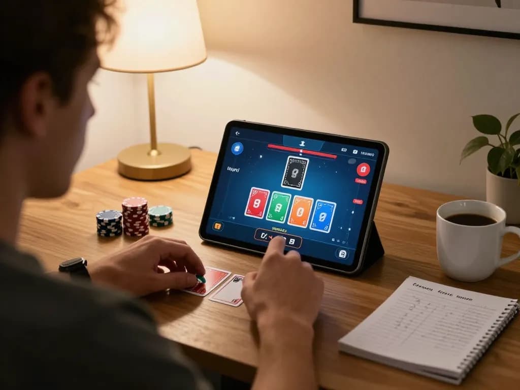 Player engaging in tr88 online poker game on a tablet, showcasing strategic betting decisions in a cozy home setting