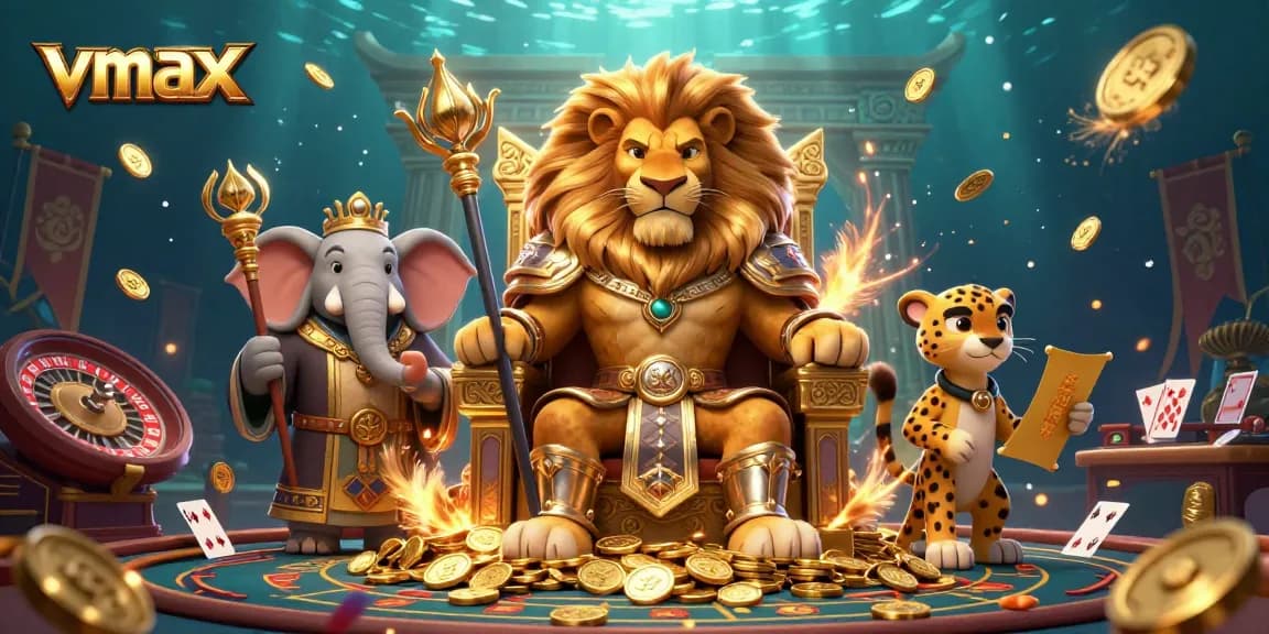 Experience the excitement of vmax with a fierce lion king and dynamic casino elements in a richly detailed scene.
