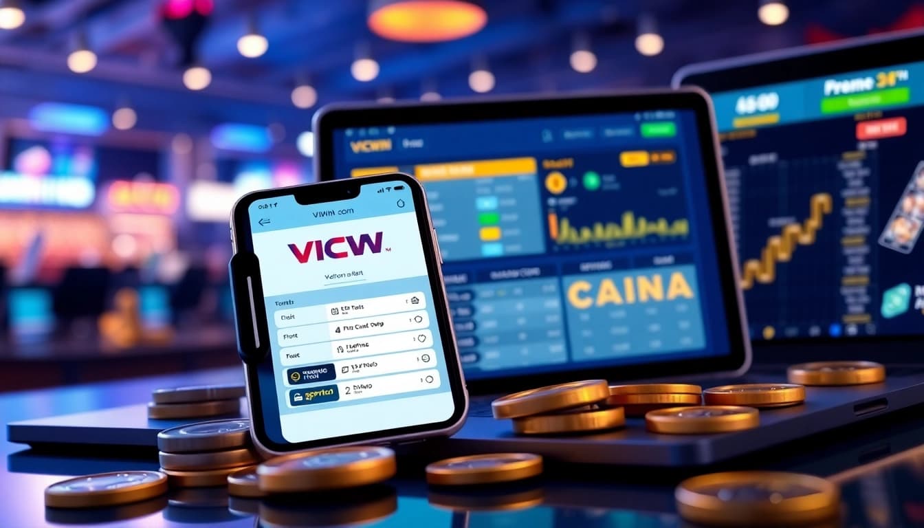 Engaging VICWIN online betting interface with tokens and charts evoking excitement.