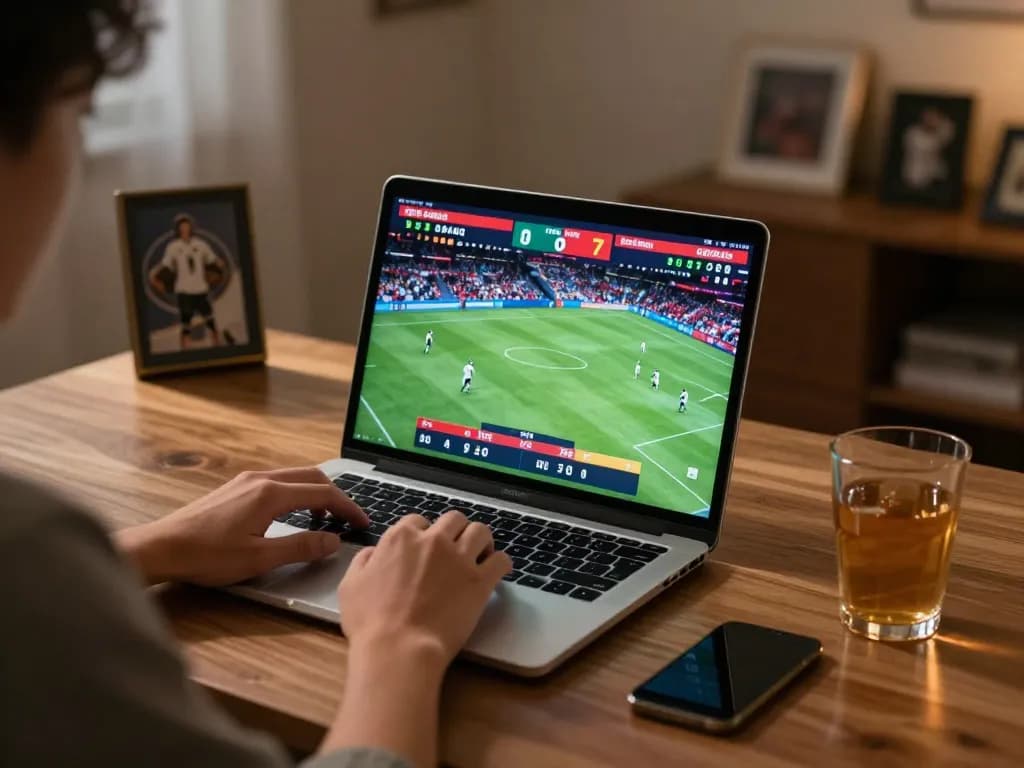 Win678 player engaging in live sports betting from a stylish home setup with vibrant screen displays