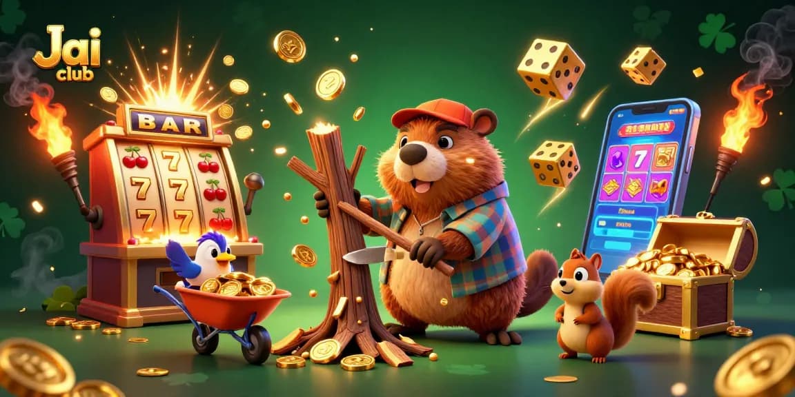 Experience the excitement of Jai club with a vibrant illustration of animated characters enjoying casino games and gold rewards.