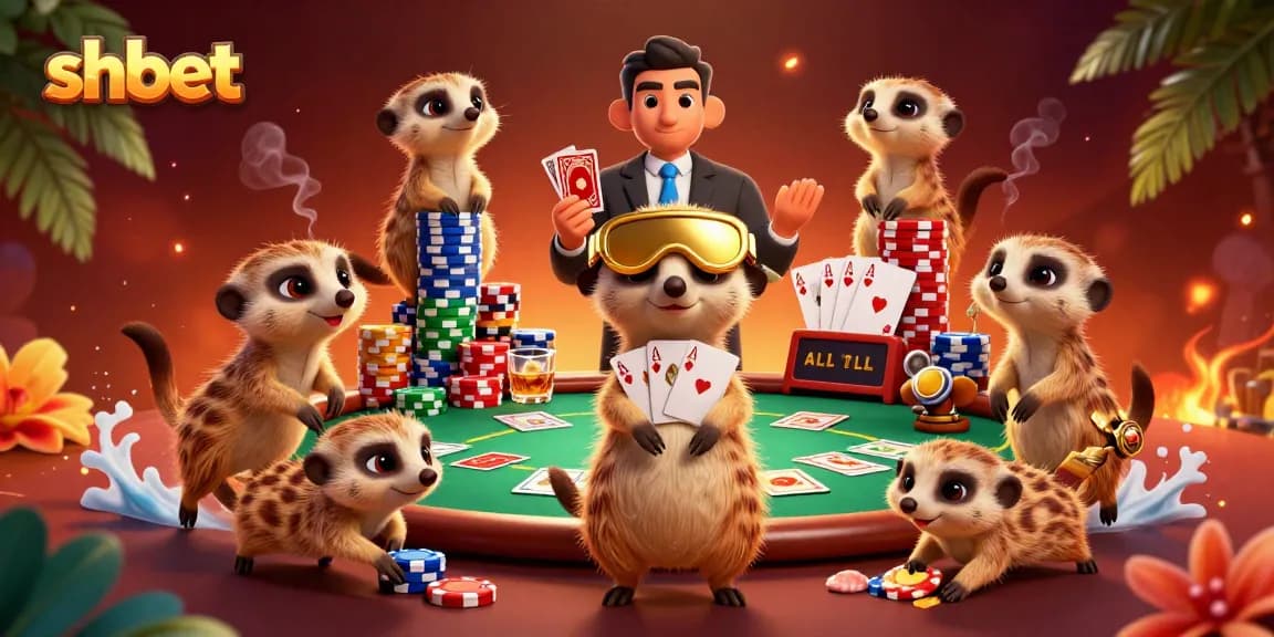 Experience the vibrant shbet casino scene with meerkats operating a lively poker table and dynamic game elements.