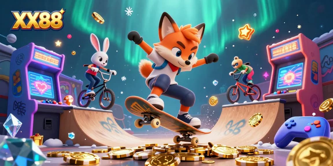 Experience the thrill of XX88 with a skateboarder fox and BMX-riding rabbit in a vibrant casino world.