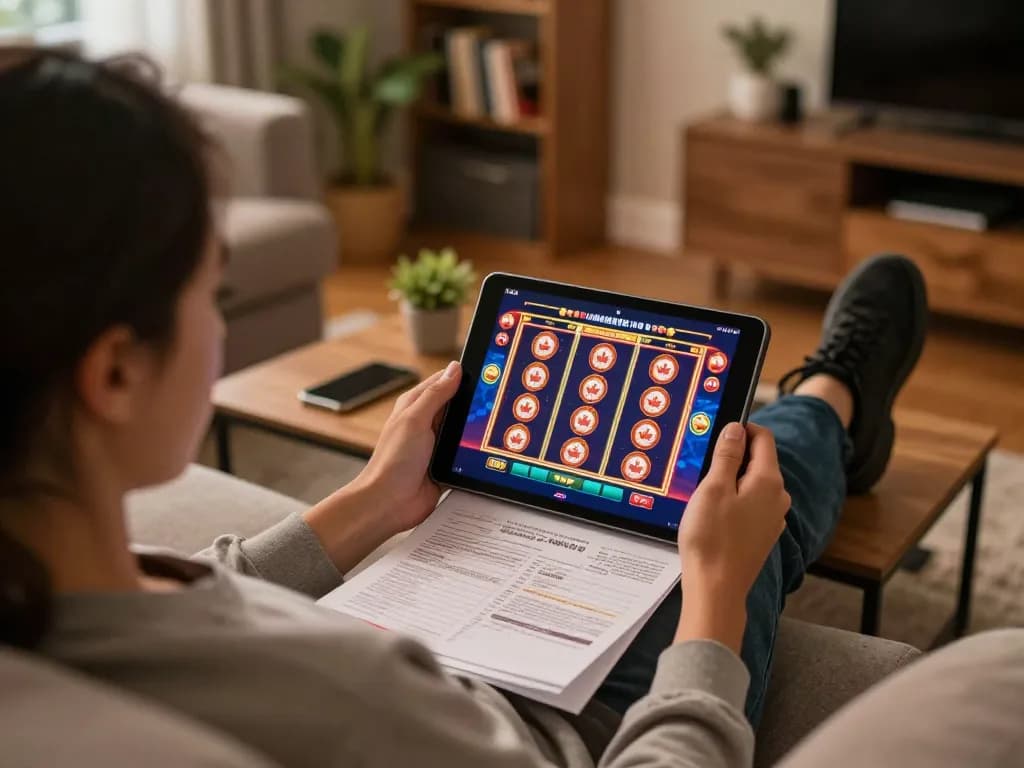 Engaging gameplay on online casinos in Canada with vibrant slot machine visuals and responsible gaming setup.