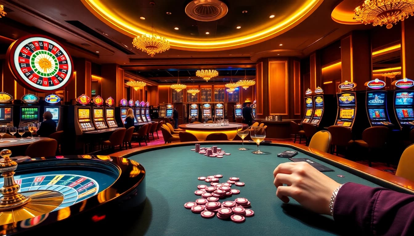 Experience the thrill of luxury12 in a vibrant casino scene with roulette and poker games.