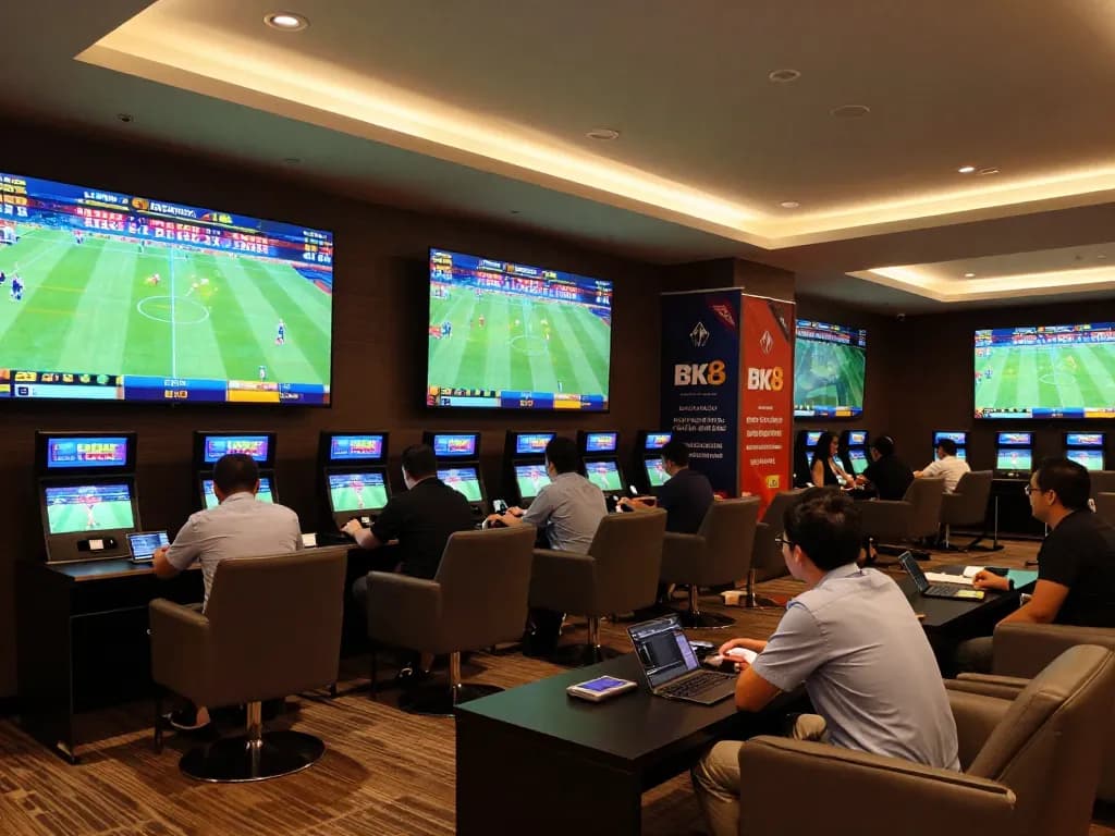 Betting excitement in BK8's stylish sports lounge with live matches and engaged bettors.