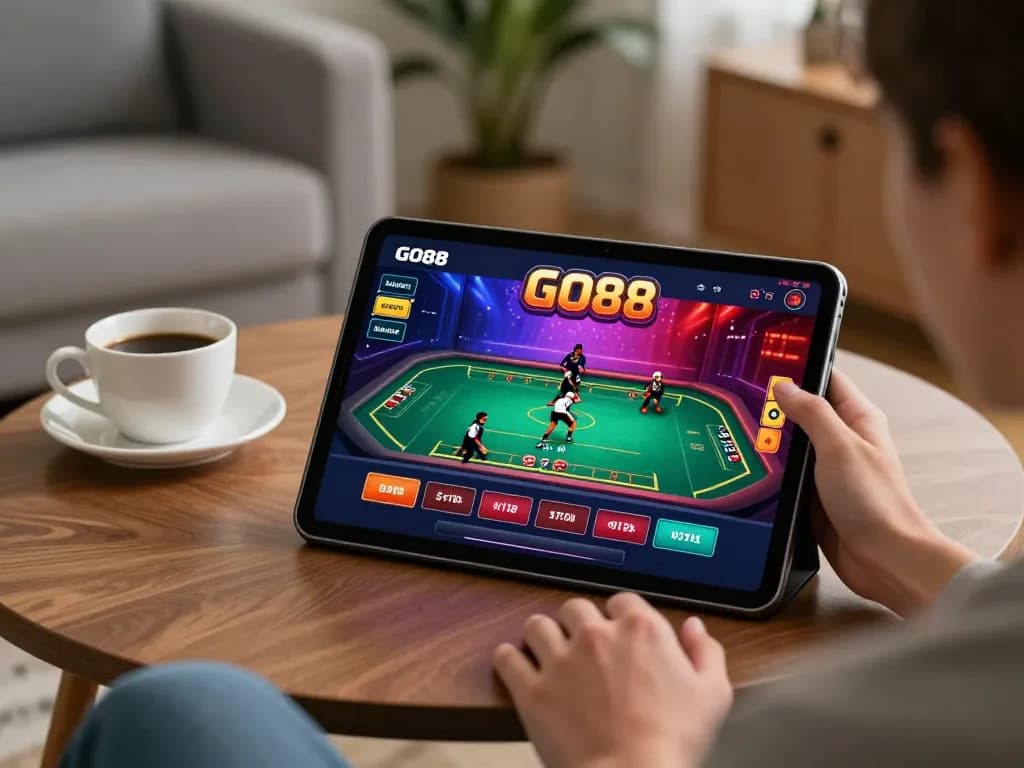 Enjoying the GO88 app in a relaxing home environment, highlighting responsible gaming.