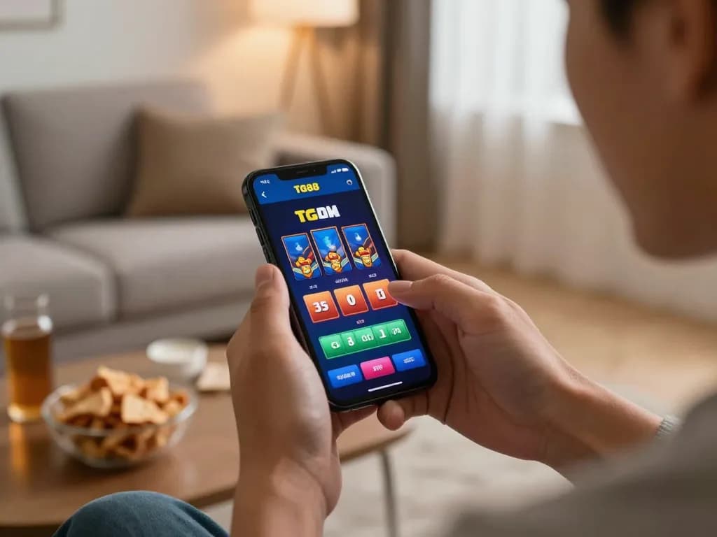 Player placing bets using the TG88 CAM app on a smartphone in a cozy home environment
