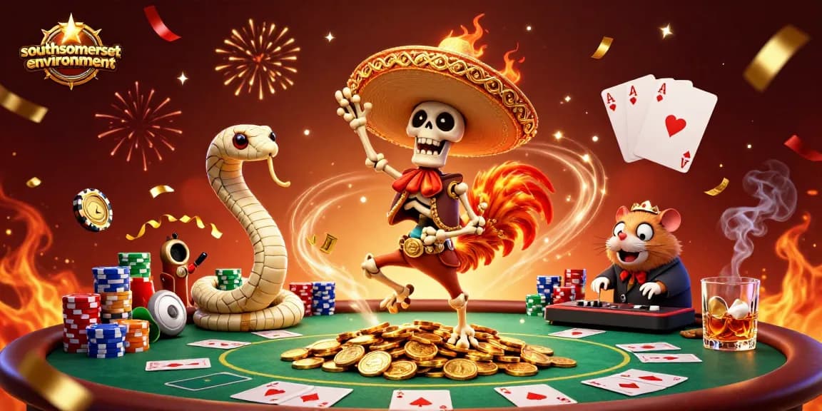Skeleton mariachi and friends celebrate at southsomersetenvironment poker table with colorful chips.