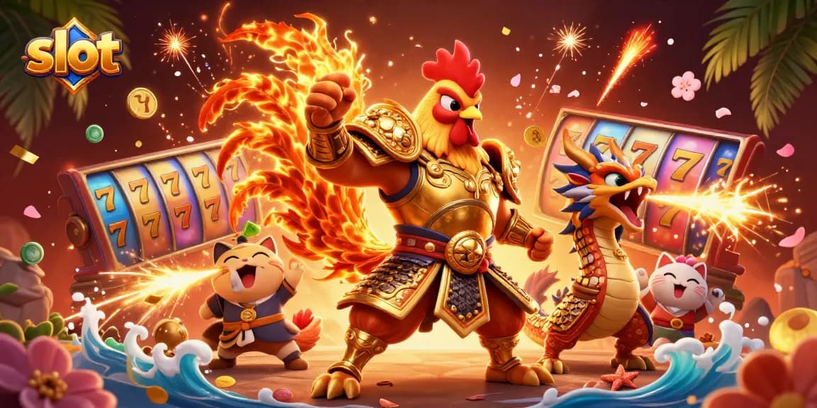 Putaran slot yang mendebarkan dengan karakter pahlawan ayam dan naga menghiasi suasana.