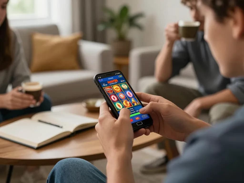Pemain menikmati slot online aman788 di smartphone dalam suasana rumah yang nyaman, menunjukkan pengalaman bermain yang strategis.