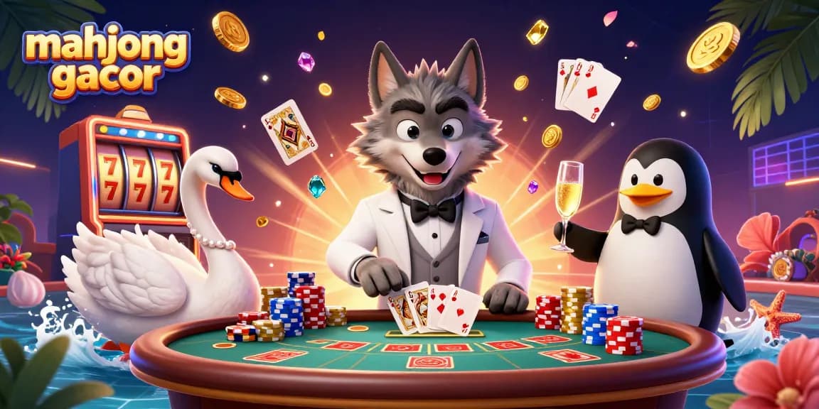 Engage with mahjong gacor action, featuring a debonair wolf and elegant companions in a vibrant slot scene.