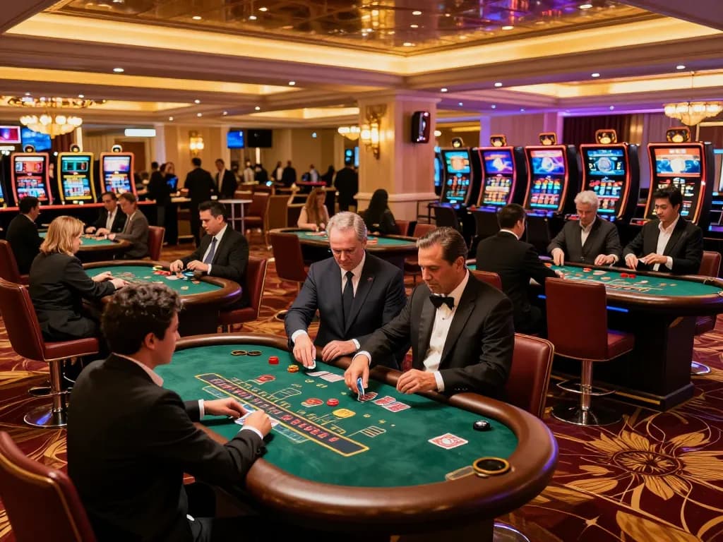 Players focus on their blackjack strategies at a vibrant Vegas casino, highlighting viral88 excitement.