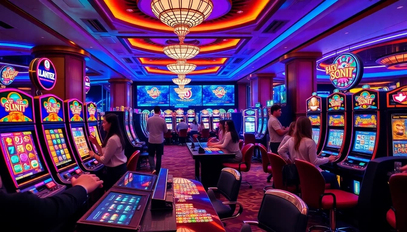 Exciting slot777 experience with vibrant slot machines and eager players in a luxurious casino.