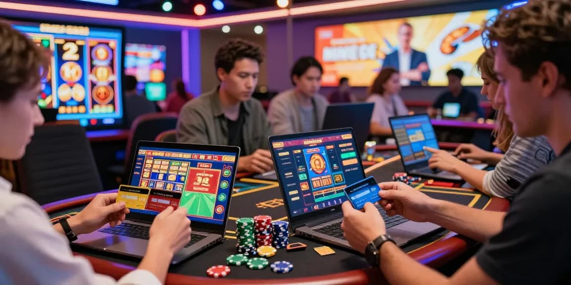 Online gaming excitement at https://ecpc.org.uk with players using credit cards, vibrant slot graphics, and immersive casino ambiance.