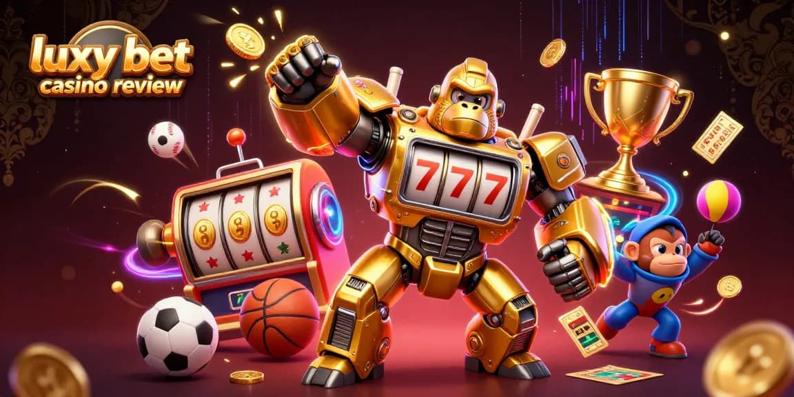 Engage with the luxy bet casino review illustrated by a dynamic, vibrant 3D casino scene featuring a golden gorilla mech.