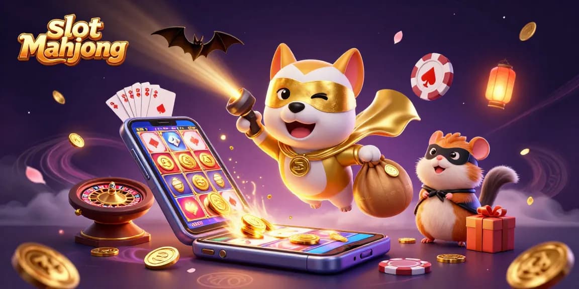 Activate your gameplay with slot mahjong as a superhero dog and hamster fly through a vibrant casino scene.