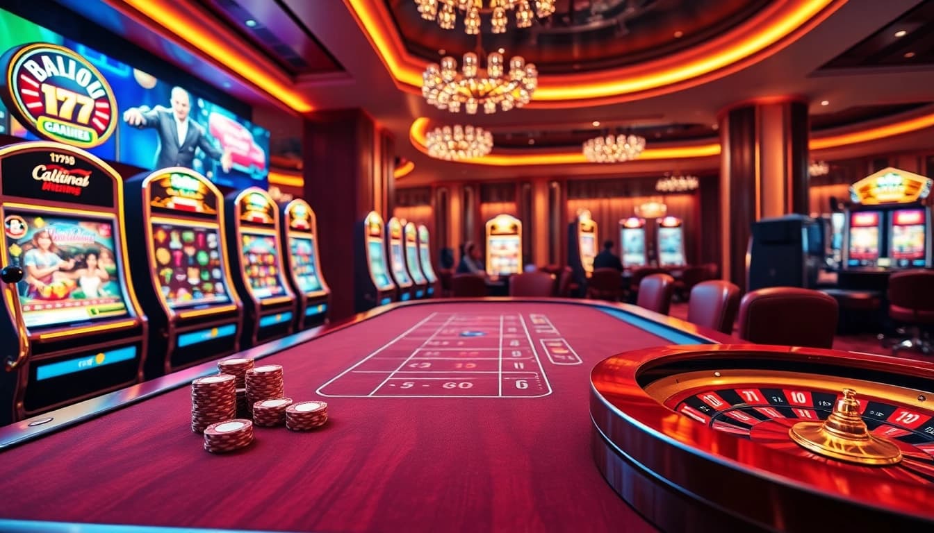 Experience thrilling moments at the 7C77 one poker table with gleaming chips and vibrant slot machines.