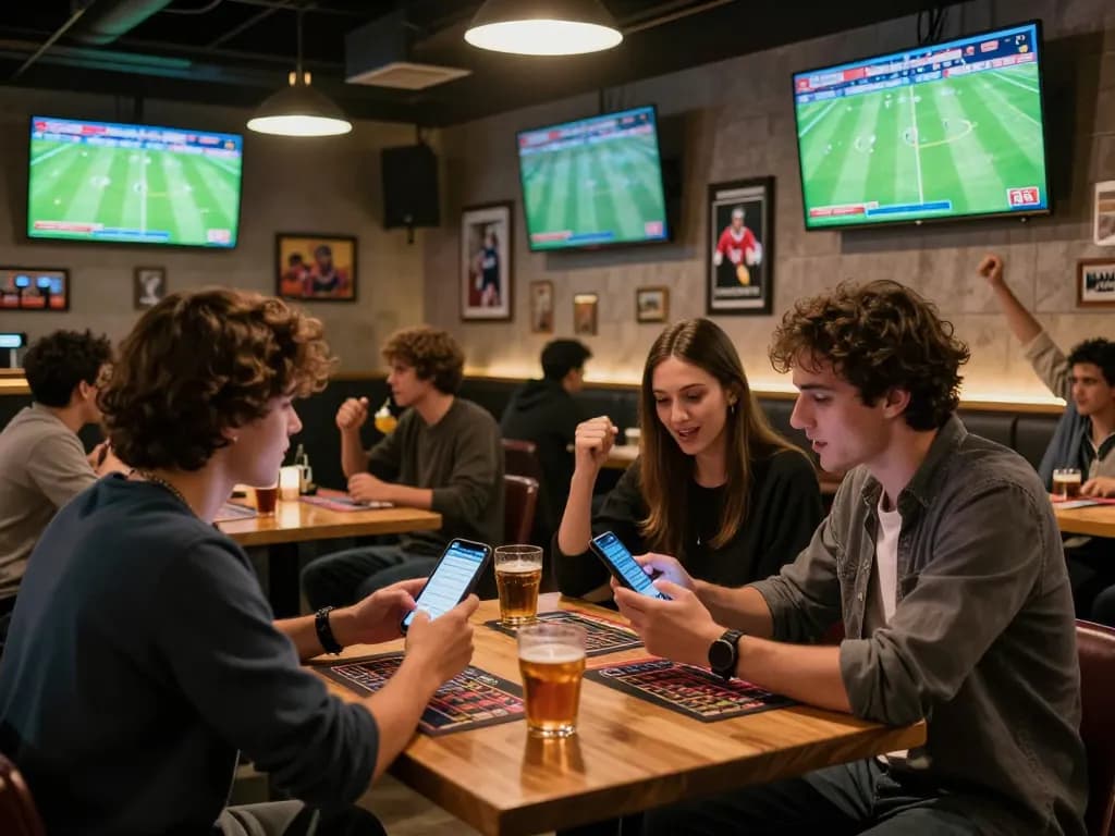 KQBD sports betting scene with friends enthusiastic about live matches and betting strategies