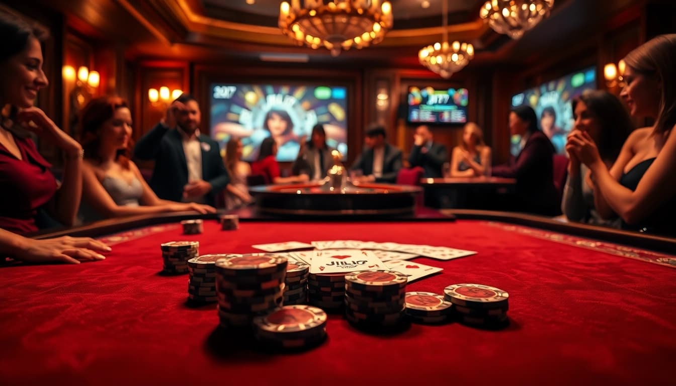 Players engage in high-stakes gaming with JILI7 at an elegant casino table featuring cards and chips.