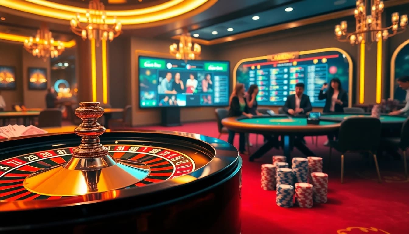 Experience the excitement of online gambling at https://xx88.day/ with a vibrant casino scene featuring a roulette wheel and poker chips.