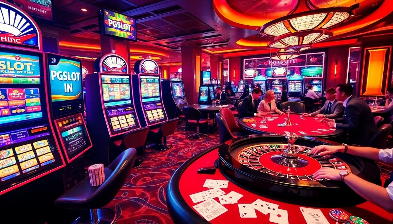 Experience excitement at PGSLOT IN with vibrant slot machines, lively players, and luxury casino decor.