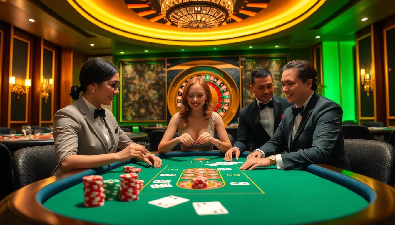 Engaging scene of players at a game bài đổi thưởng table in a luxury casino setting.