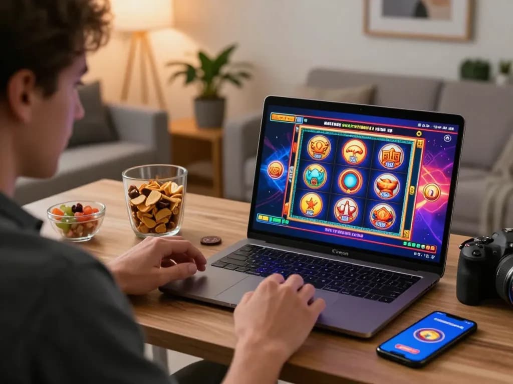Player enjoying live casino games at https://god55.agency/ in a cozy home setting with vibrant graphics.
