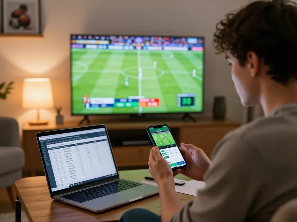 Engaged user exploring web cá độ bóng đá strategies on mobile while watching live sports.