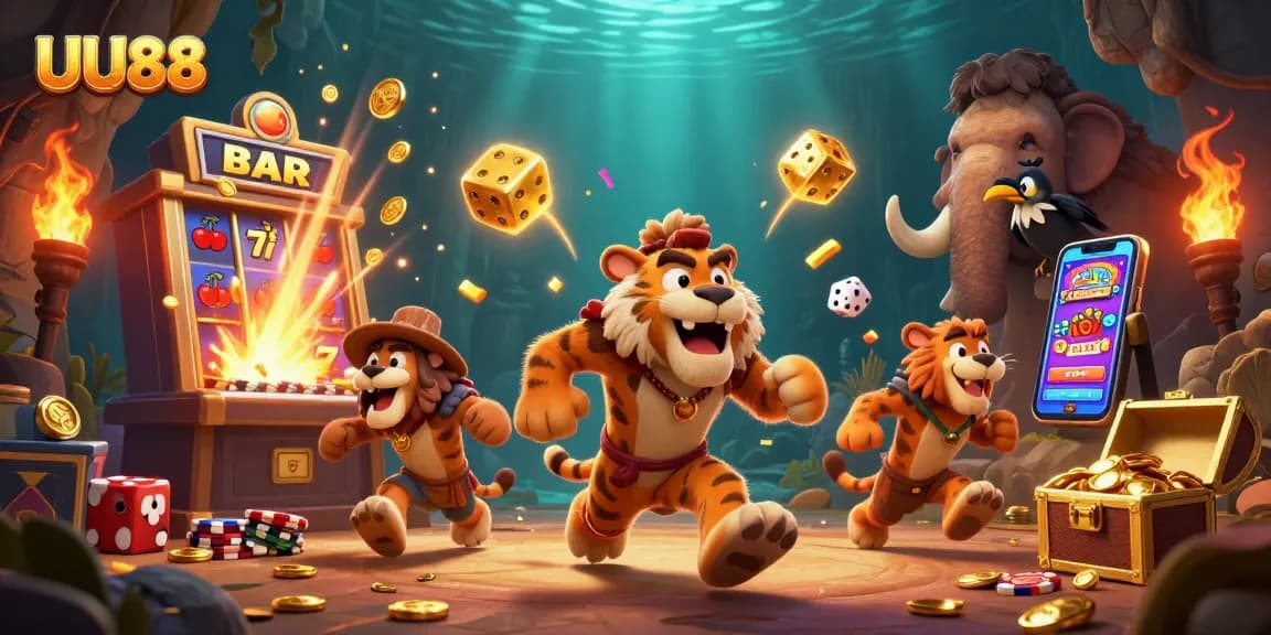 Win big at UU88 with a vibrant 3D cartoon casino scene featuring unique characters and thrilling games.