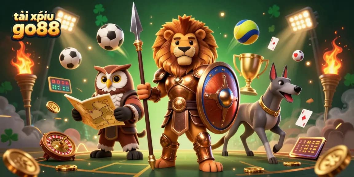 Tài xỉu go88 showcases an intense game scene featuring a Spartan lion, an owl strategist, and a swift greyhound in dynamic casino action.