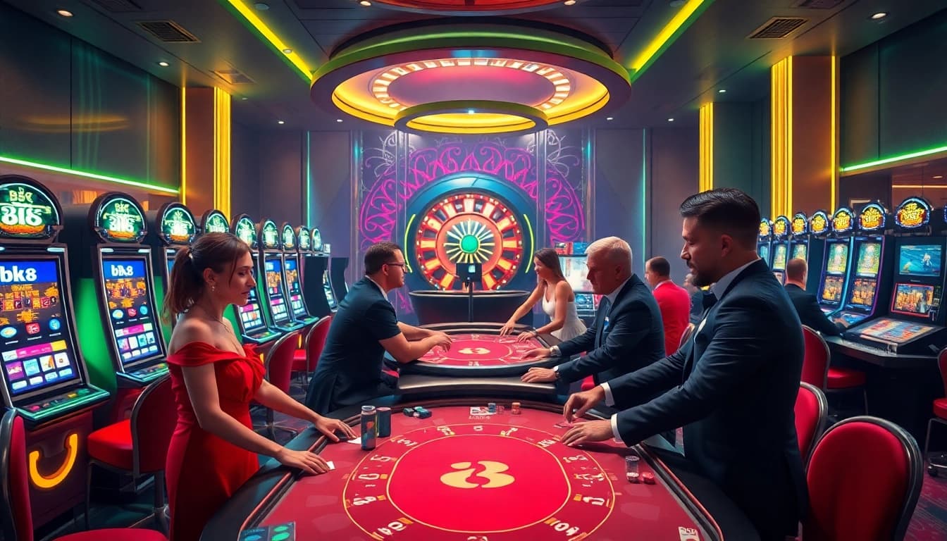 Experience the excitement of BK8 as players engage in high-stakes poker at a luxurious casino.