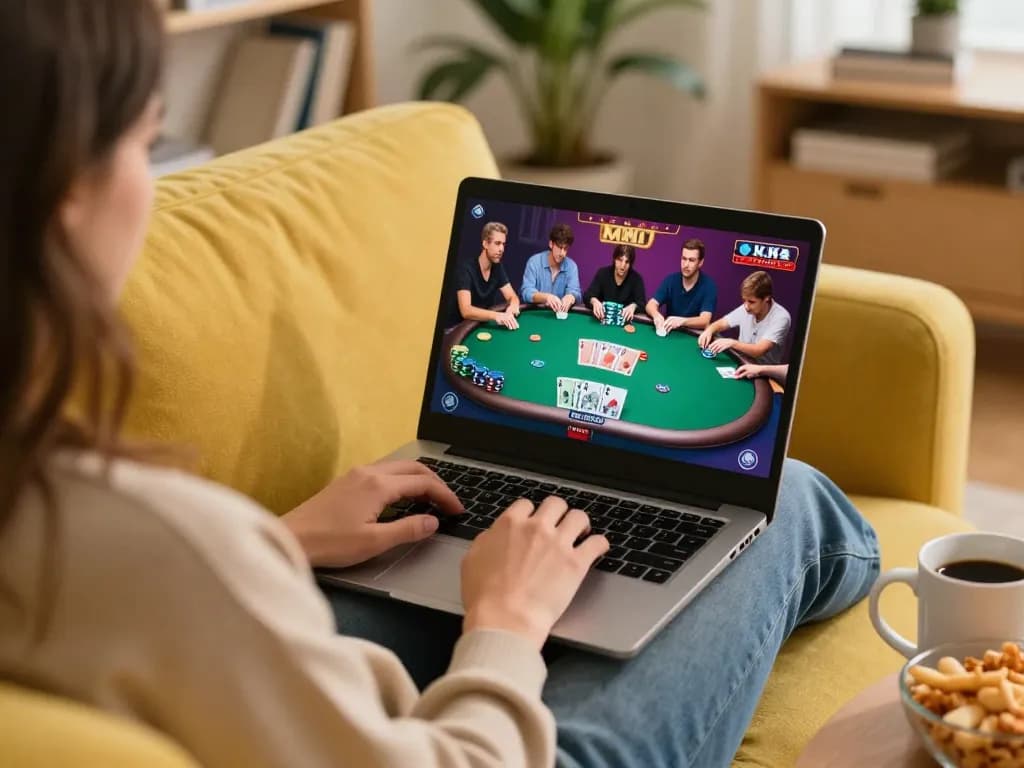Engaged player at 789club online poker game showcasing strategy and comfort at home.