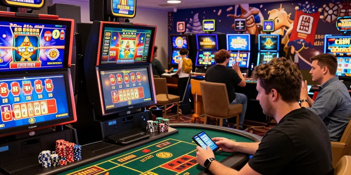 Exciting non UK casino gaming scene with diverse players enjoying virtual games