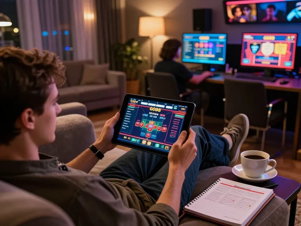 Person enjoying online gambling with GO88 app on tablet in a cozy home setting