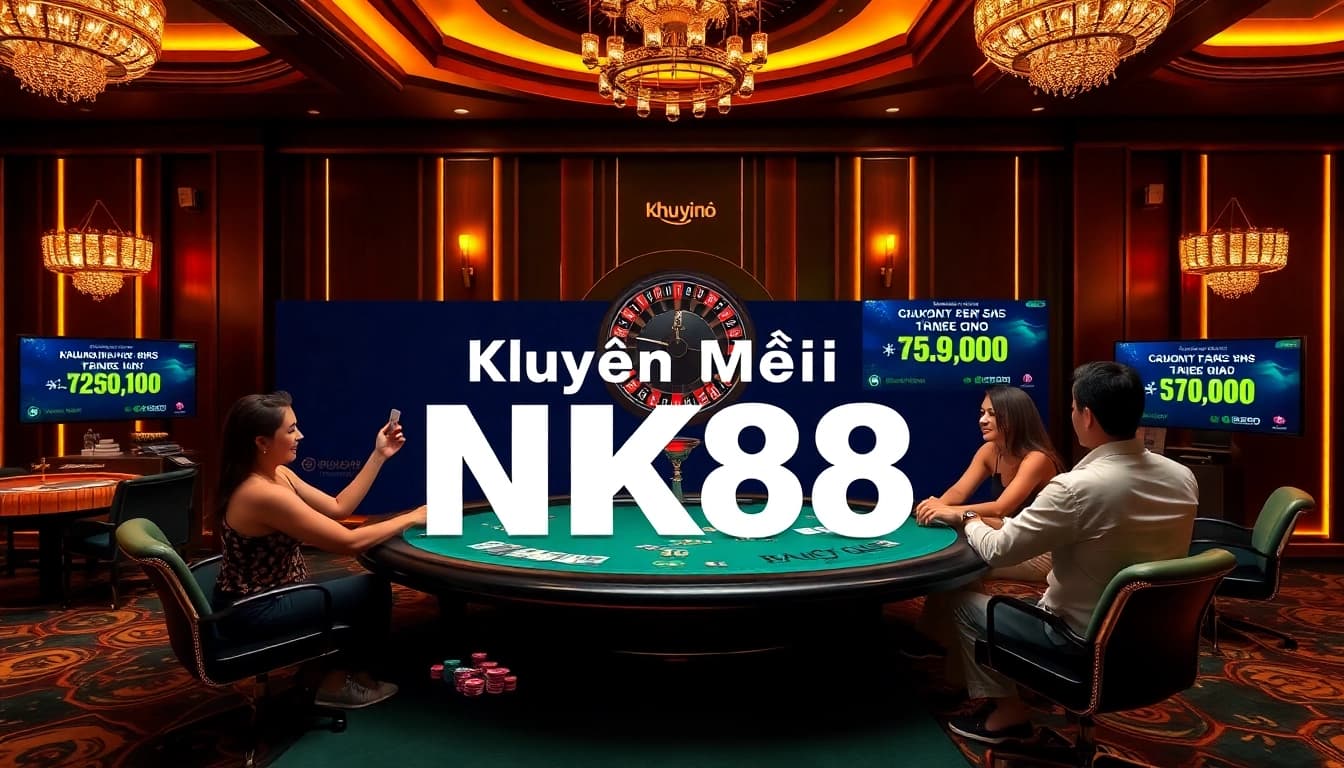 Experience Khuyến Mãi NK88 with vibrant casino action, poker players, and enticing bonus offers displayed.