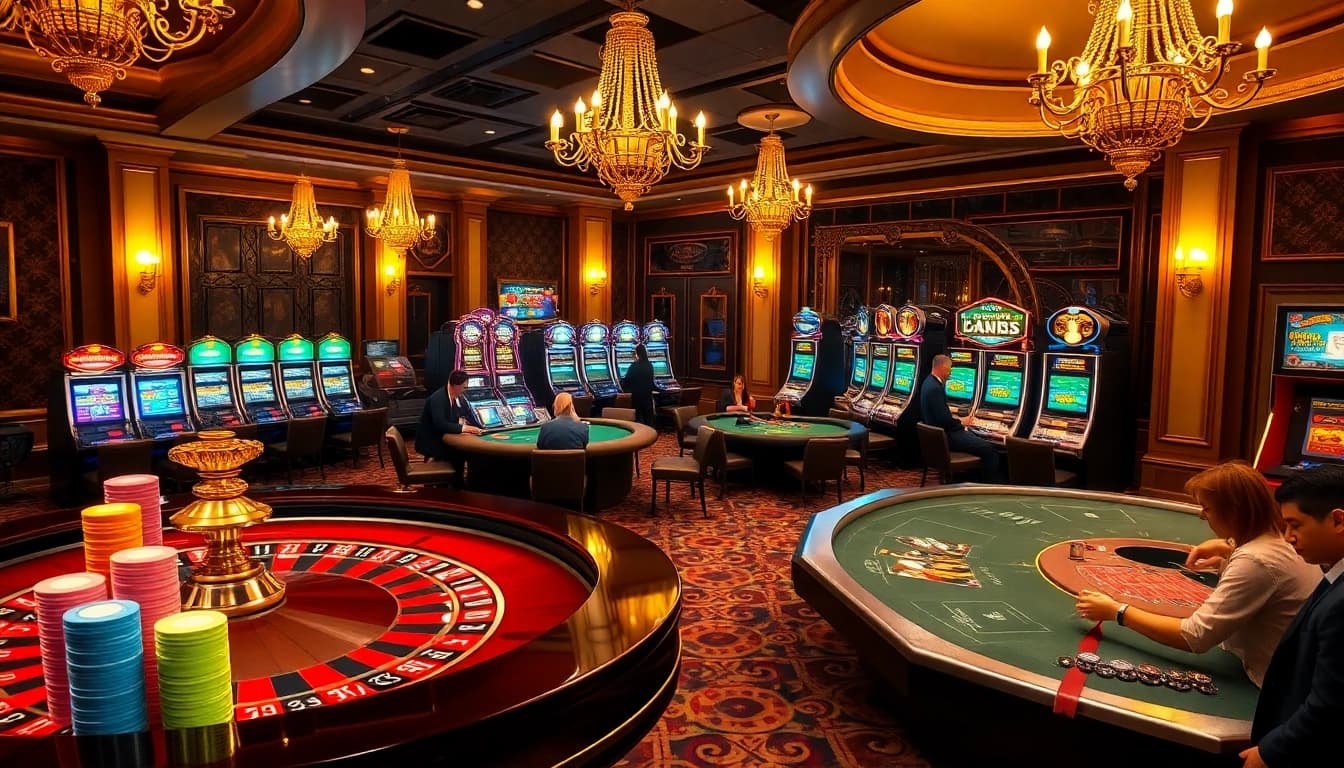 Experience luxury and excitement in the casino scene at https://rr88k1.com/, showcasing roulette tables and slot machines.