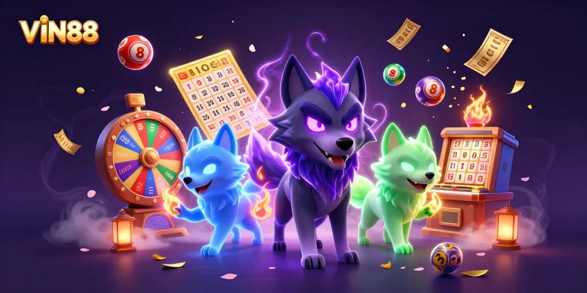 Engage with VIN88's exciting gaming universe featuring 3D wolves, lottery elements, and dynamic visuals.