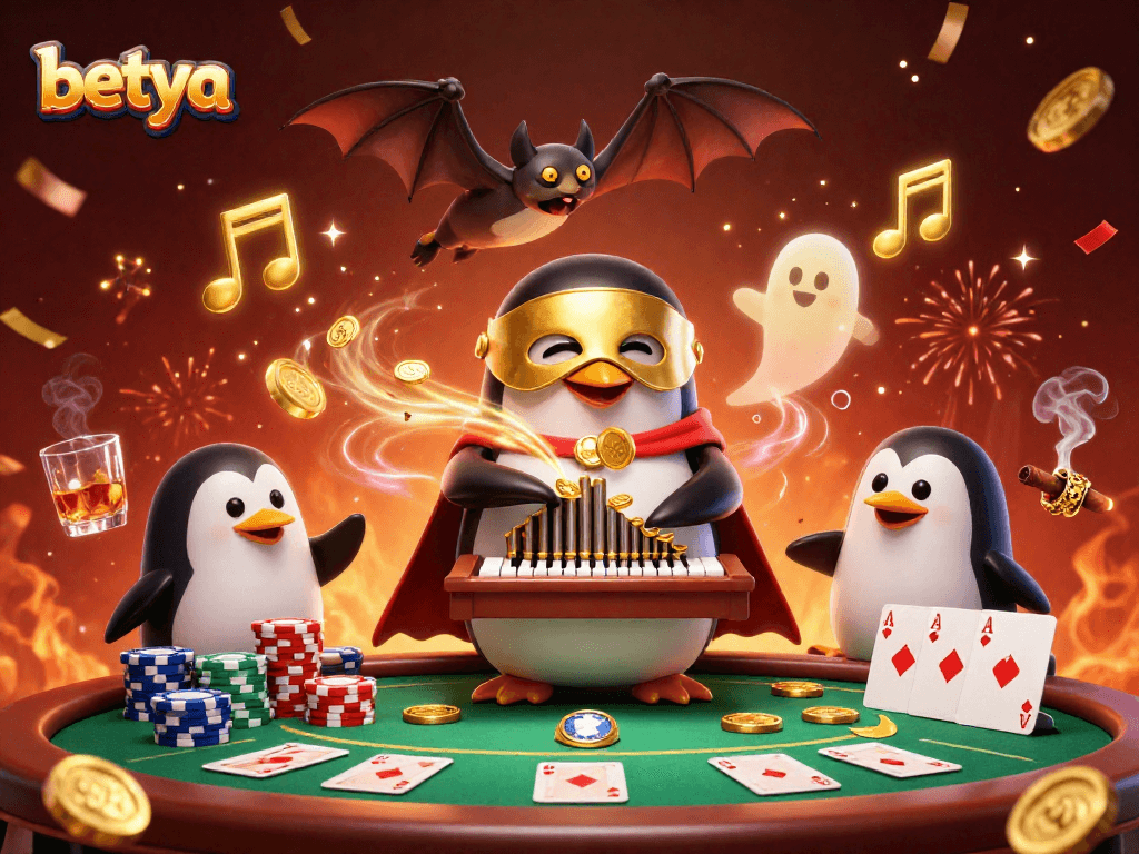 Betya's gaming scene with a penguin and bat acrobat among poker chips and cards.