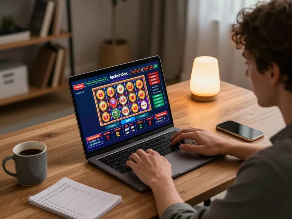 Luckyindex online gaming strategy session showcasing a player focused on exciting slot game action at a home office desk