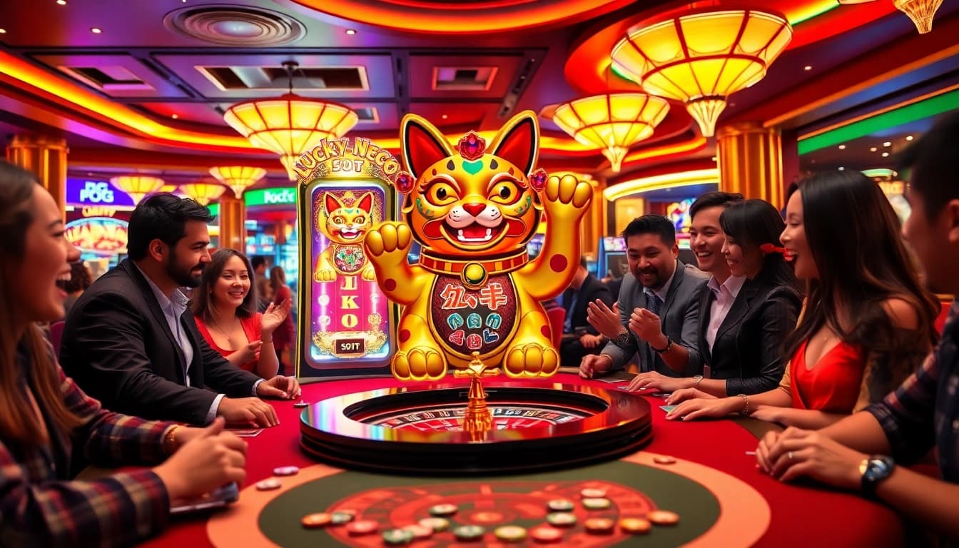 Play Lucky Neko PG Soft ได้เงินทุกวัน at a vibrant casino with excited players enjoying big wins.