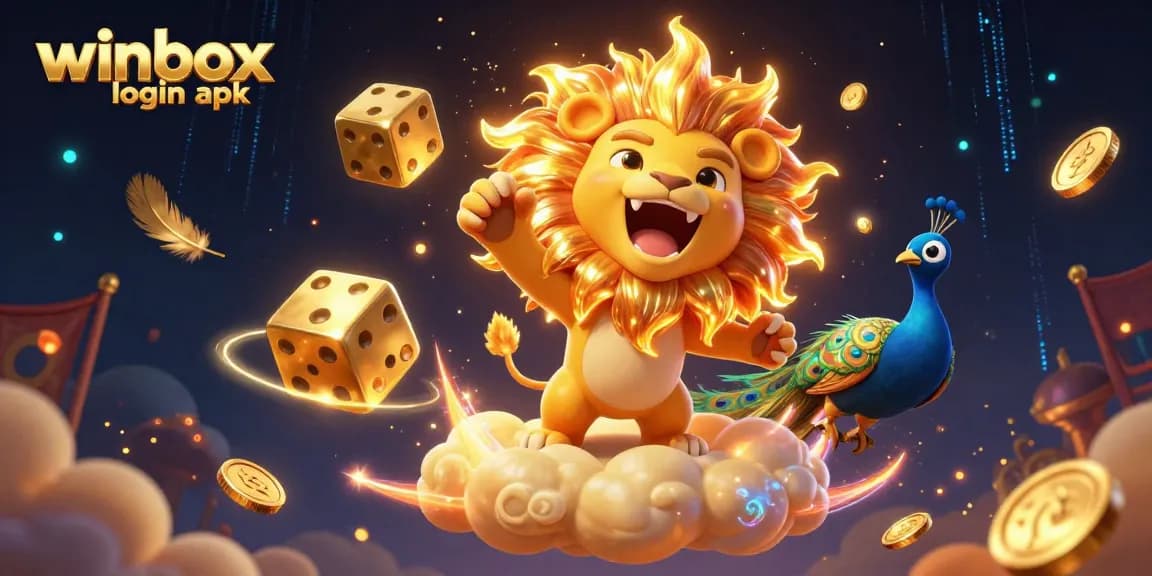 Experience seamless gaming with winbox login apk, featuring a vibrant 3D illustration of a lion and golden dice.