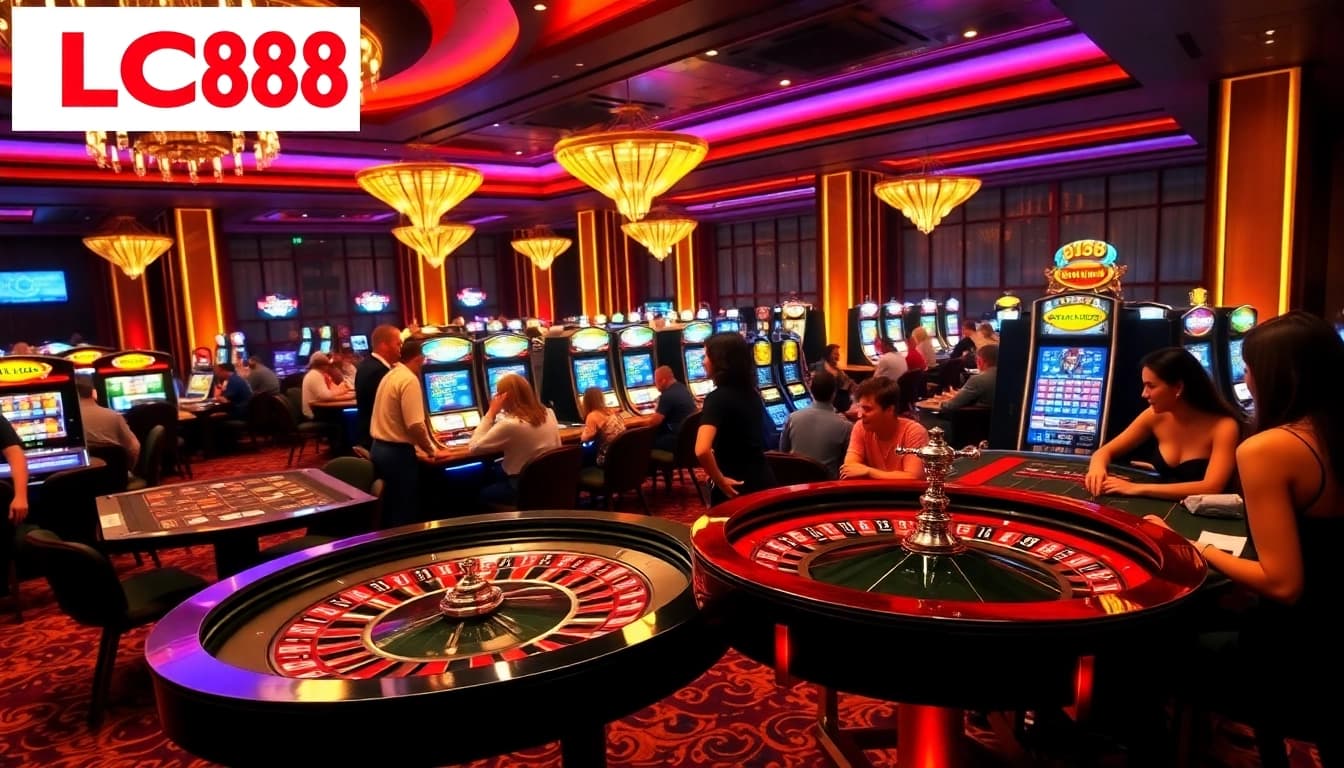 Experience the excitement of LC88 casino with players enjoying games and luxurious decor.